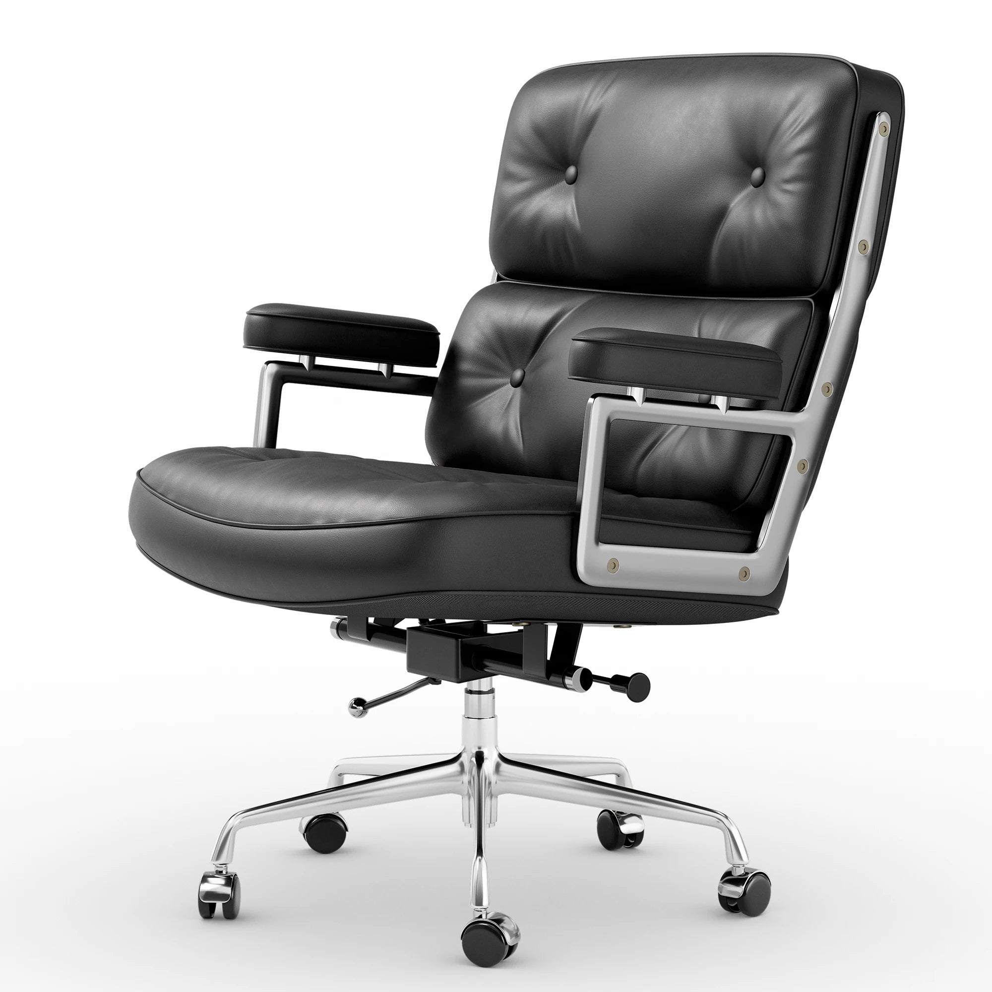 Chaise de bureau réglable en cuir véritable – Cadre aluminium, accoudoirs, pivotante, bureau et salon