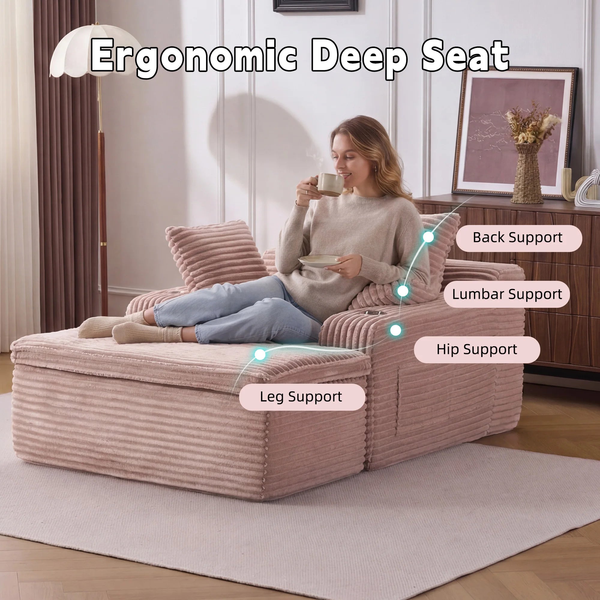 Canapé-lit velours côtelé surdimensionné – Sans montage, assise profonde ergonomique, oreiller-couverture 2-en-1 et porte-gobelets