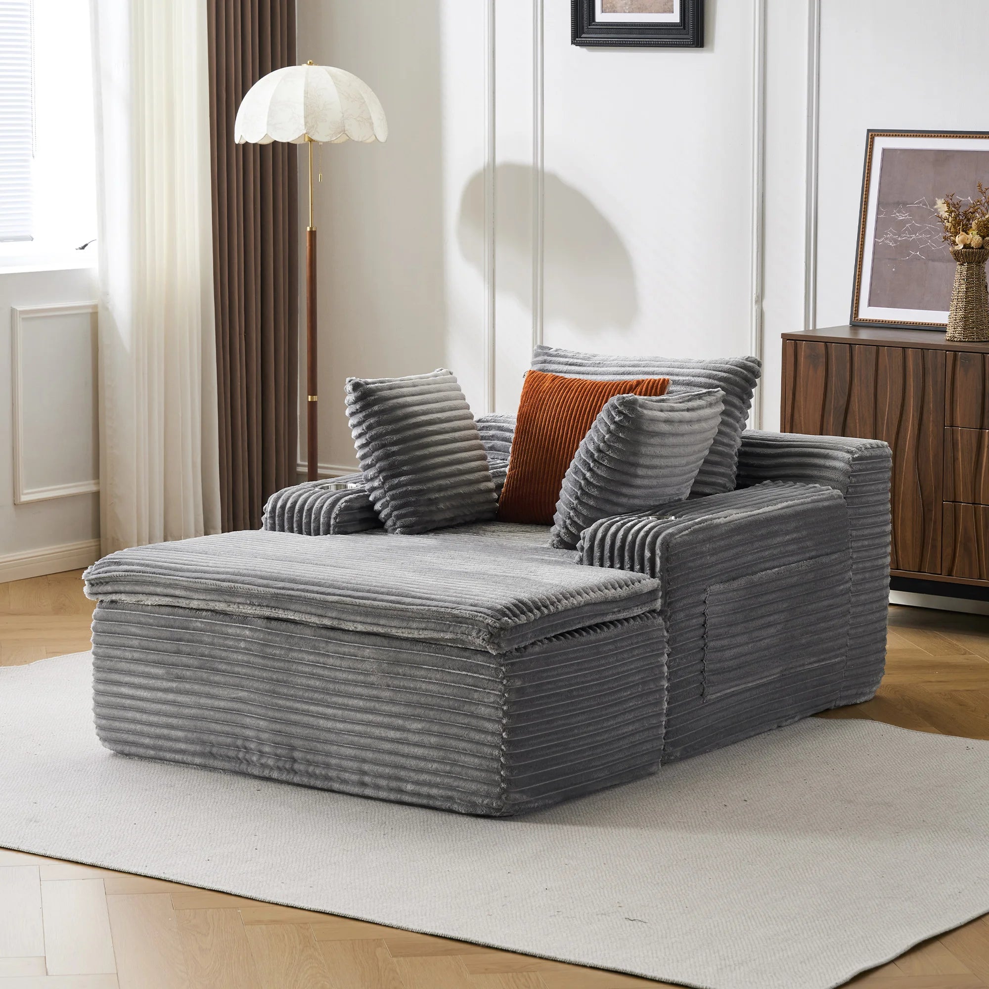 Canapé-lit velours côtelé surdimensionné – Sans montage, assise profonde ergonomique, oreiller-couverture 2-en-1 et porte-gobelets