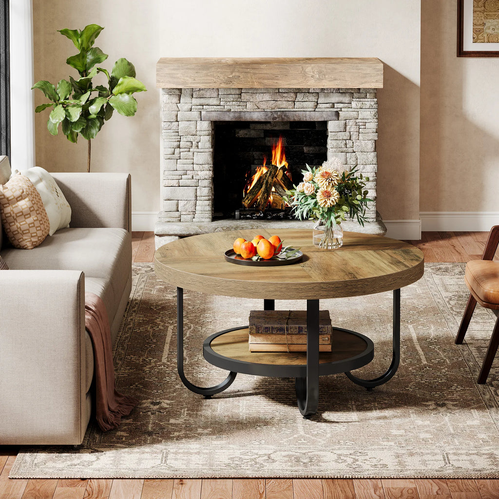 Table basse ronde 2 niveaux avec étagère de rangement – 79 cm, pieds métal courbés, salon