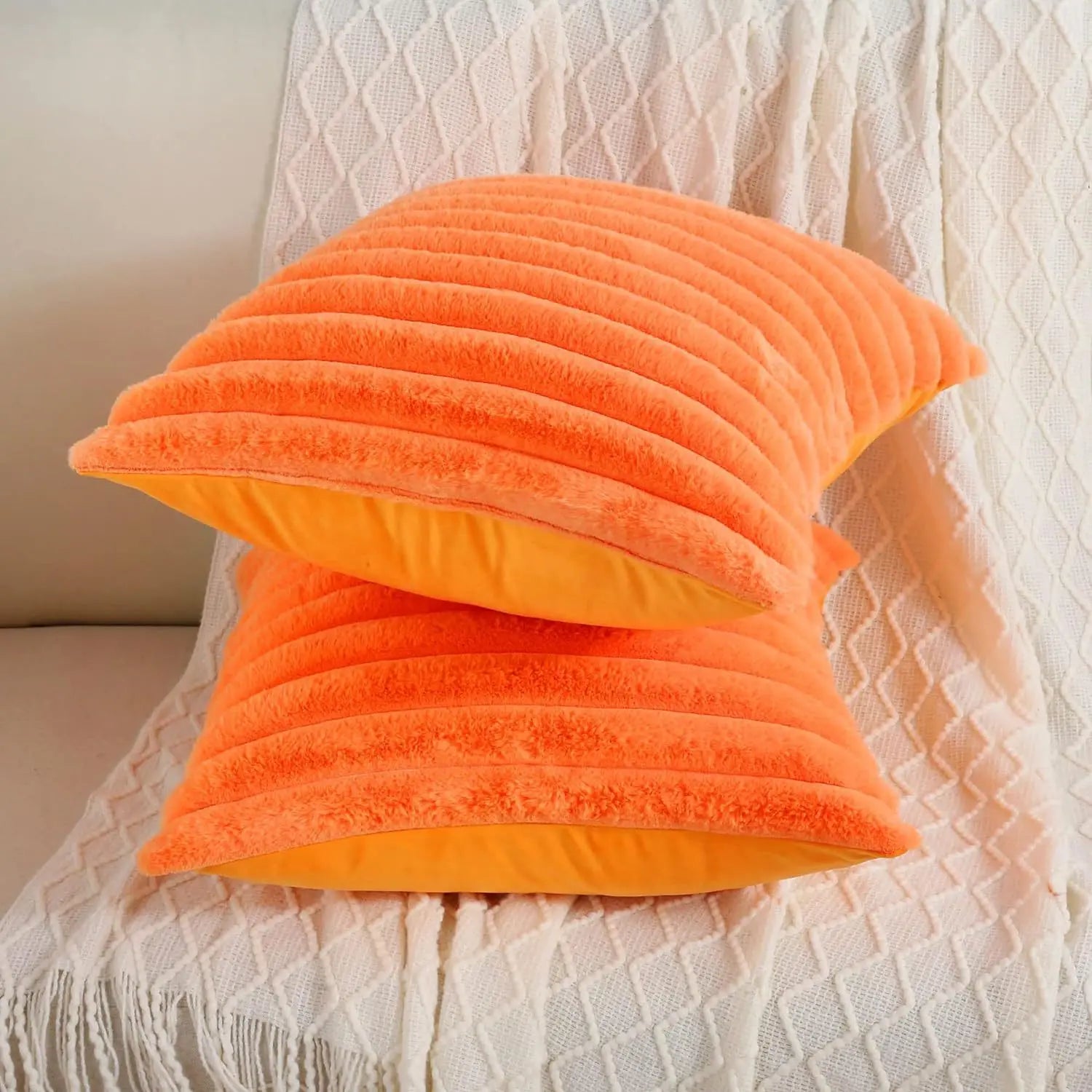 Housse de coussin carrée imitation fourrure de lapin – Rayures épaisses, ultra-douce, décoration canapé 2026