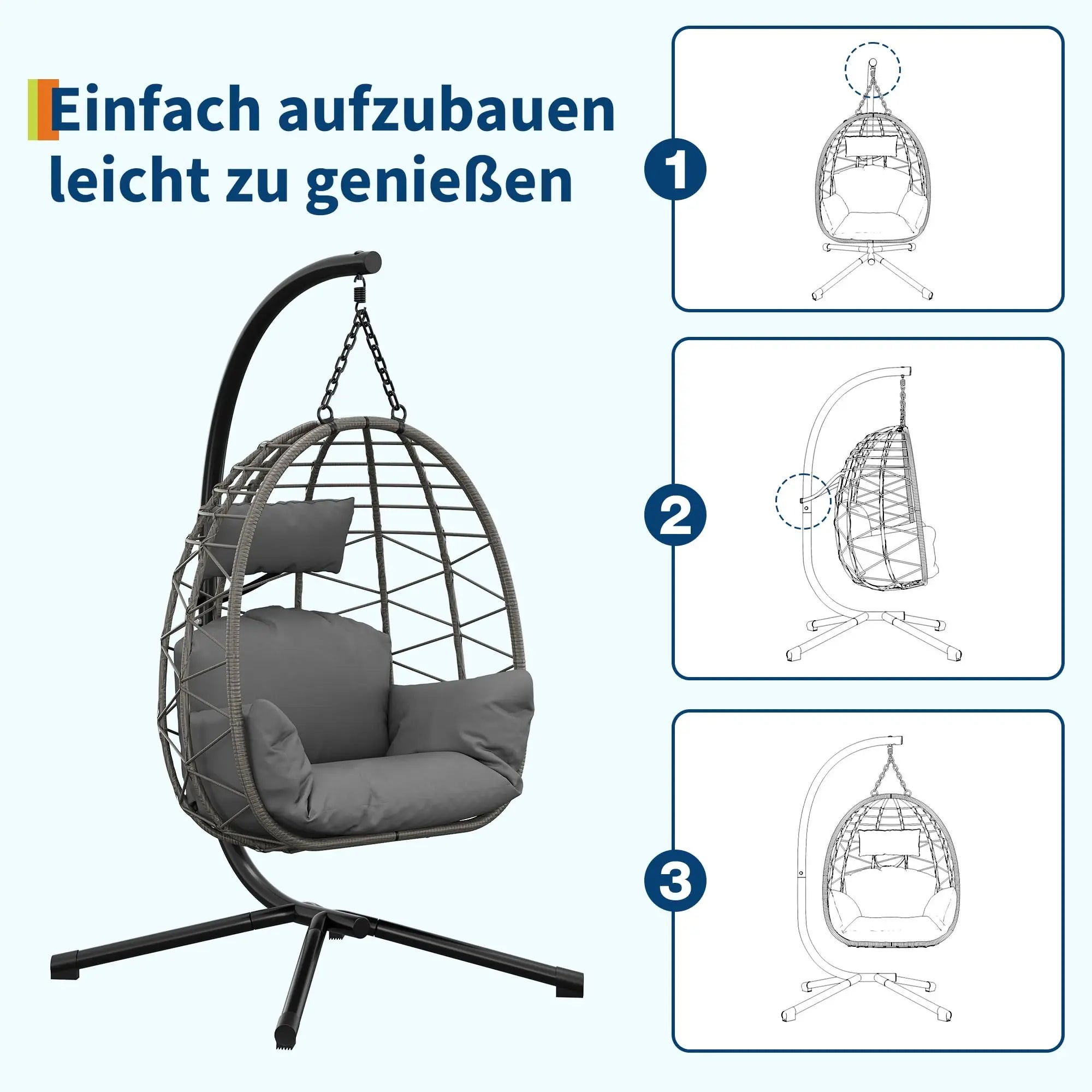 Fauteuil suspendu œuf avec pied, coussin et appui-tête – Hamac lounge intérieur et extérieur avec housse anti-pluie