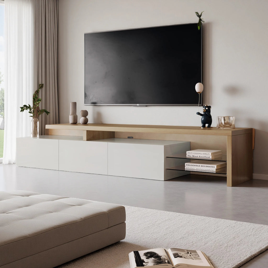 Meuble TV Rosahqnda avec éclairage LED – 2 vitrines, 3 tiroirs, blanc laqué haut brillant