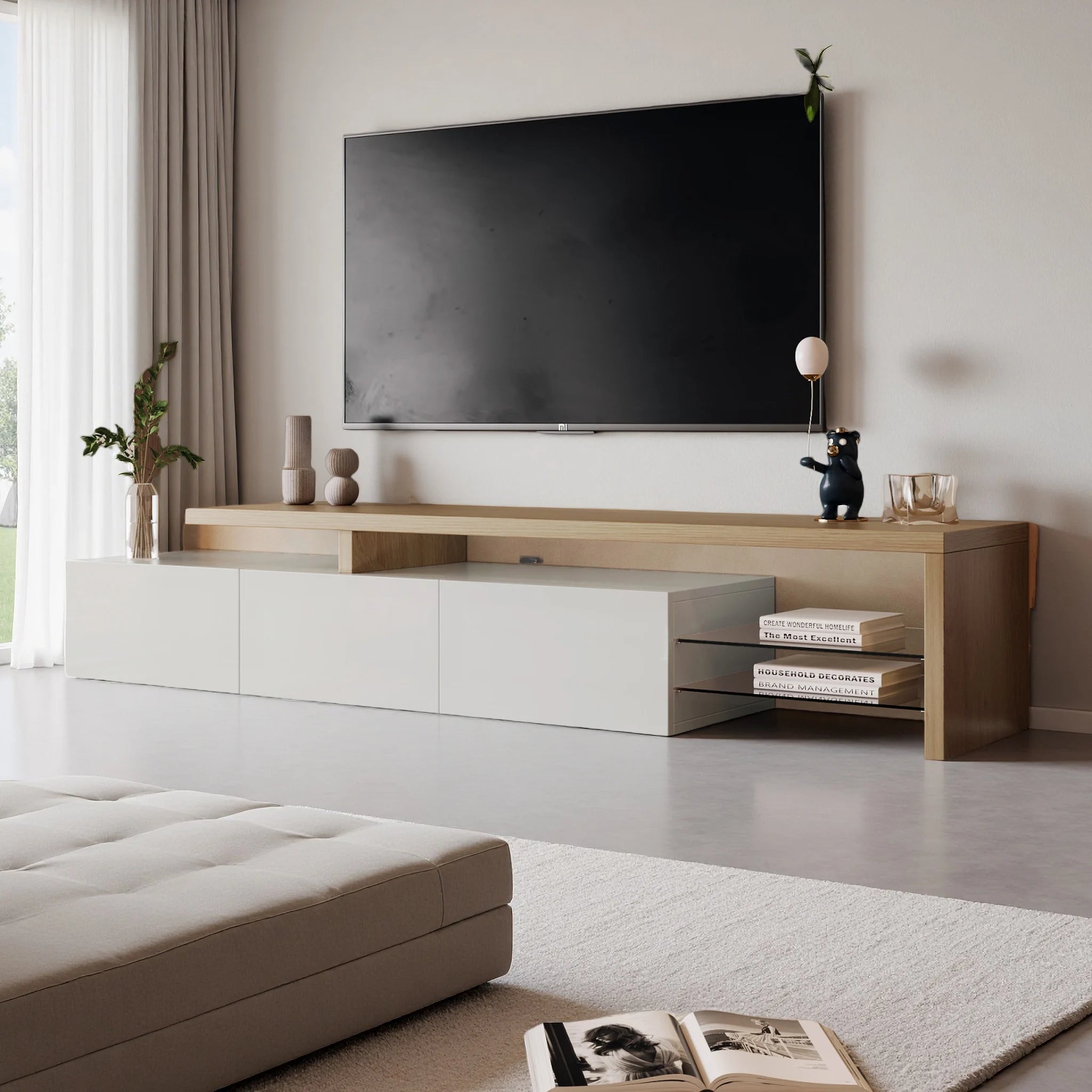 Meuble TV Rosahqnda avec éclairage LED – 2 vitrines, 3 tiroirs, blanc laqué haut brillant