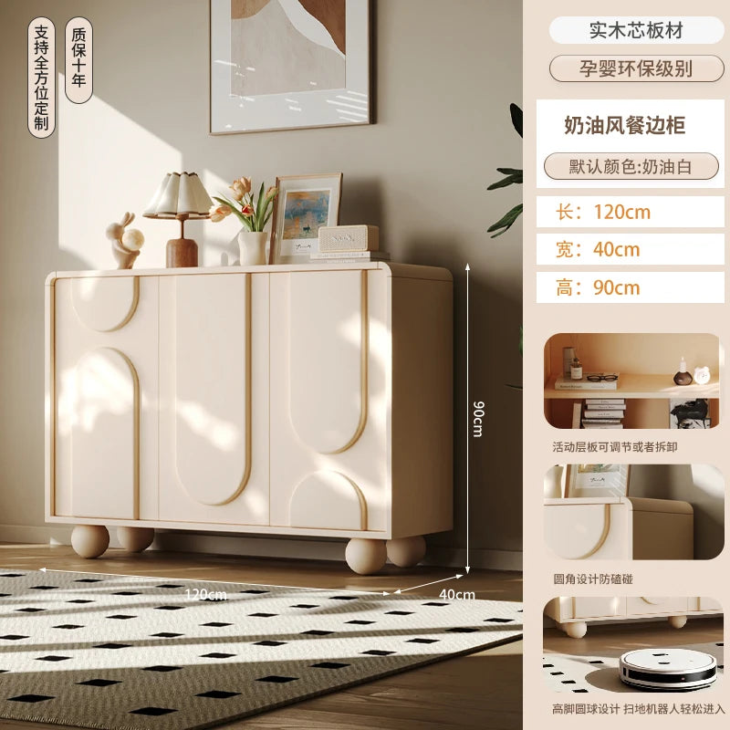Meuble de rangement derrière canapé style français luxe – Blanc avec portes, console salon tendance