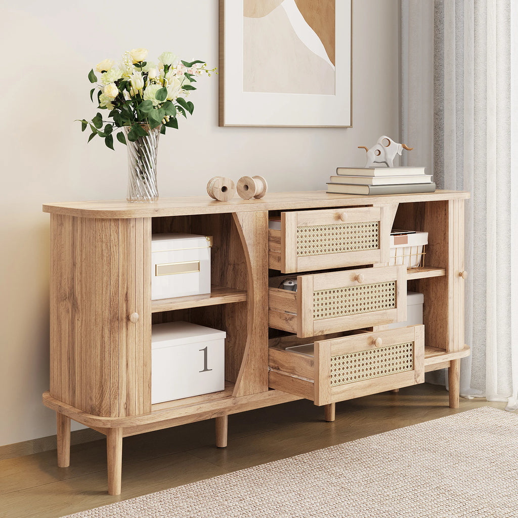 Buffet en rotin avec portes coulissantes – Étagères réglables, plateau arrondi, style naturel