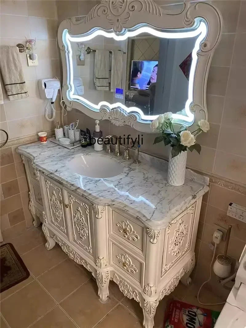 Meuble salle de bain style européen antique – Vasque marbre, bois massif, miroir colonne au sol