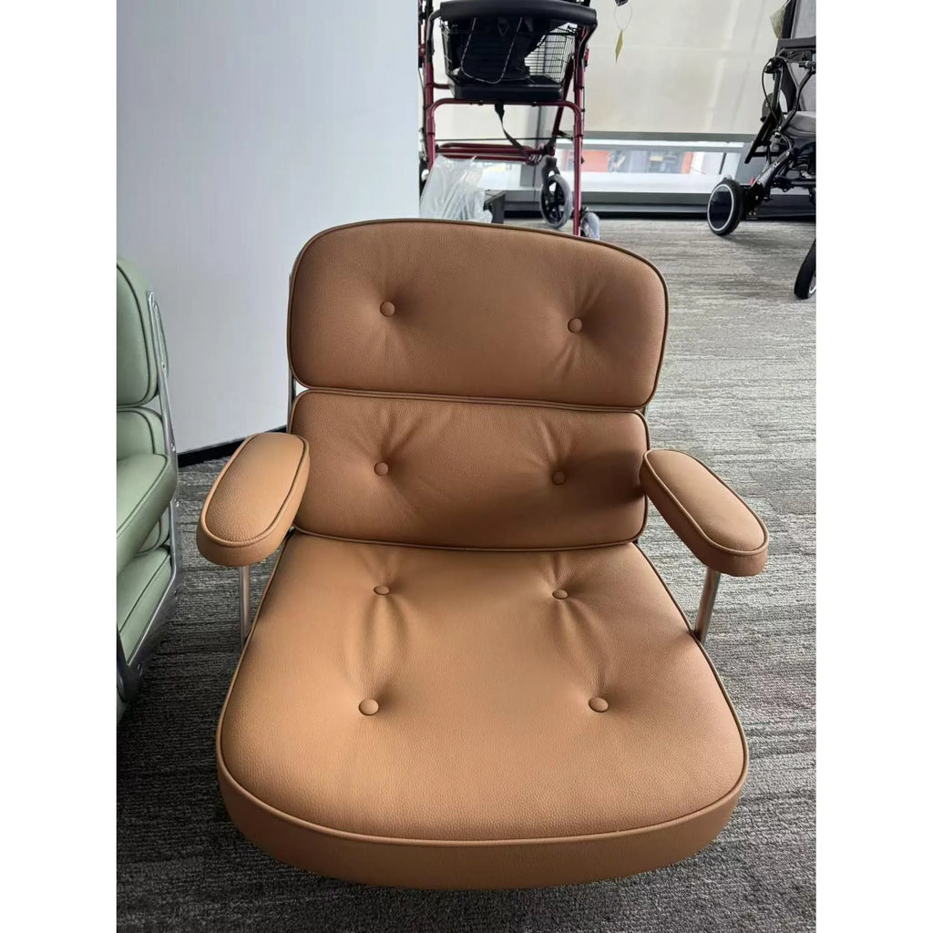 Chaise de bureau réglable en cuir véritable – Cadre aluminium, accoudoirs, pivotante, bureau et salon