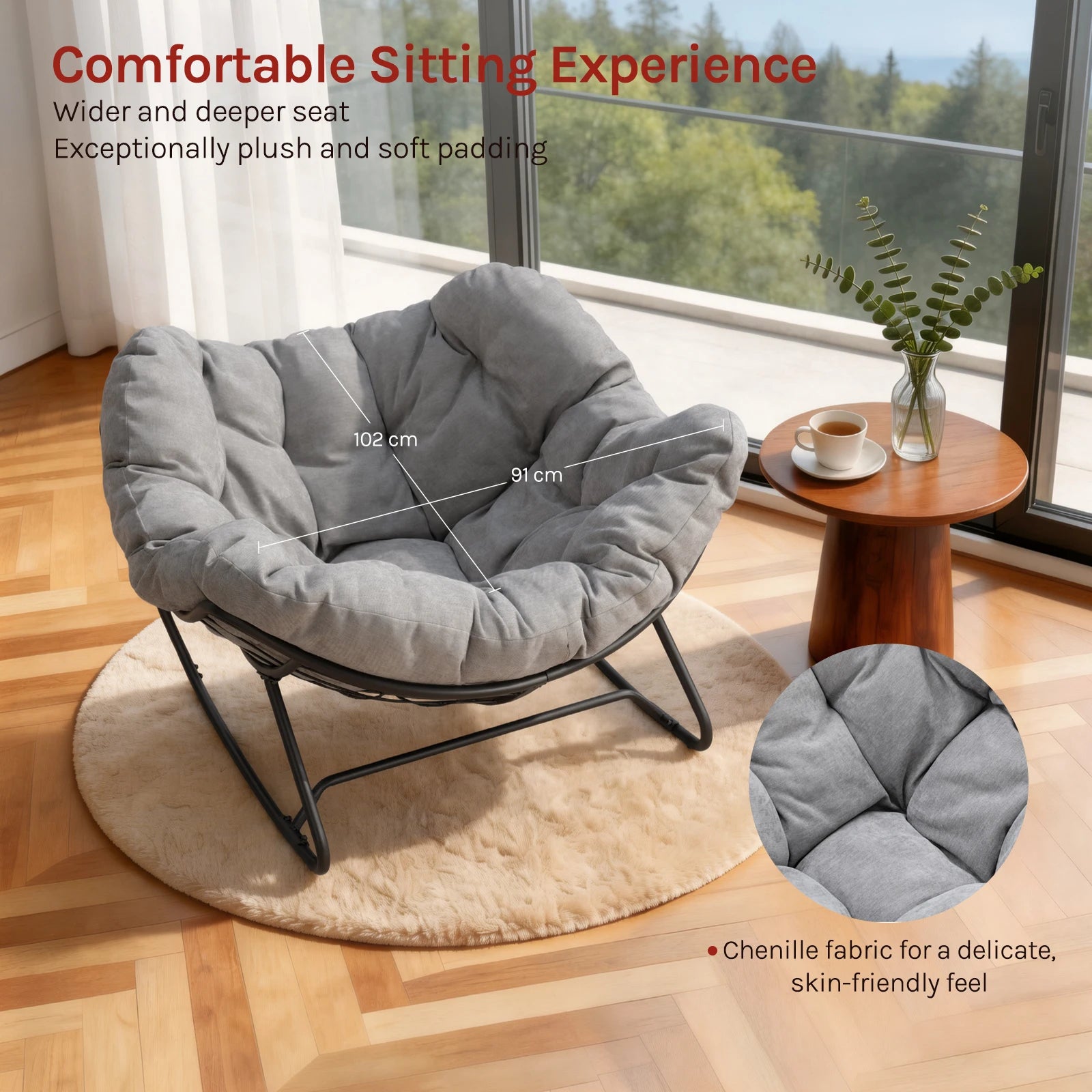 Rocking chair WOLTU forme œuf – Fauteuil à bascule avec coussin chenille, cadre métal, 150 kg, salon et balcon