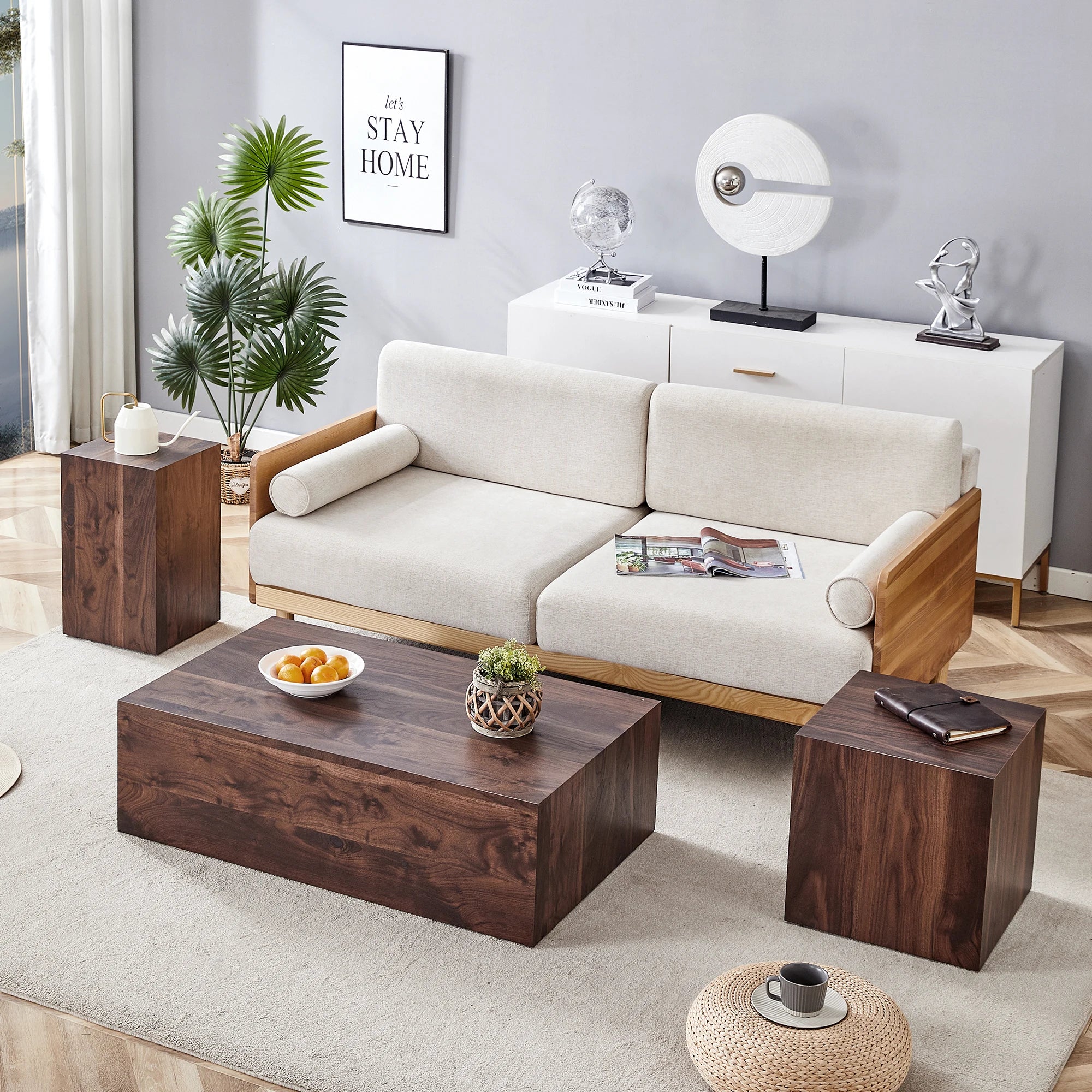 Table basse rectangulaire avec structure monobloc & pieds antidérapants – MDF noyer, entretien facile, salon