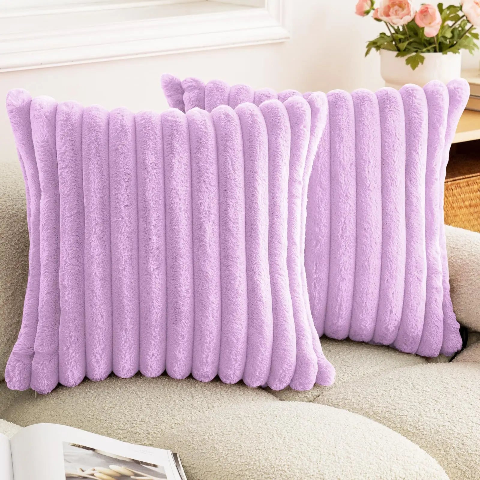 Housse de coussin carrée imitation fourrure de lapin – Rayures épaisses, ultra-douce, décoration canapé 2026