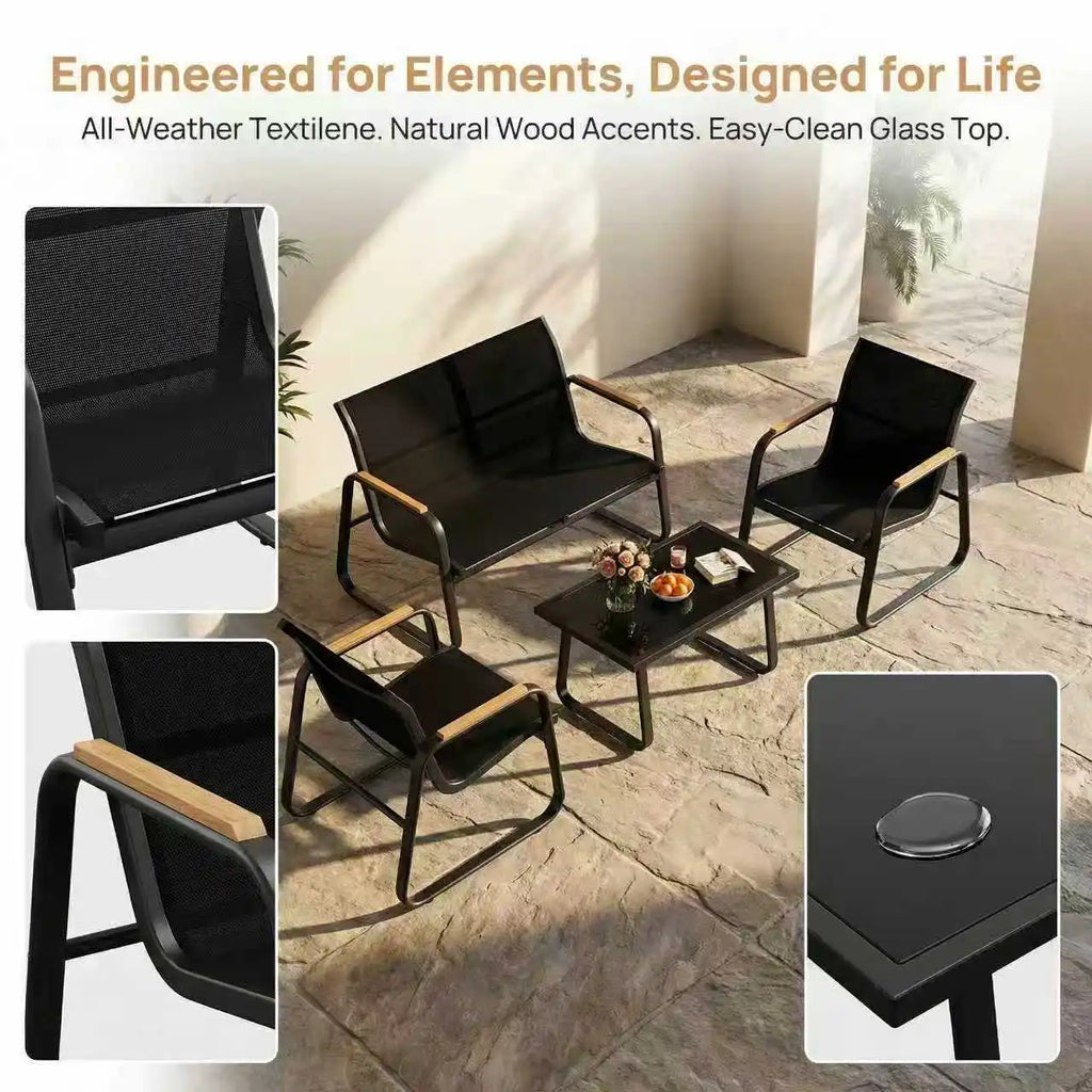 Salon de balcon en textilène 4 pièces – Canapé double, 2 fauteuils et table basse, jardin et terrasse