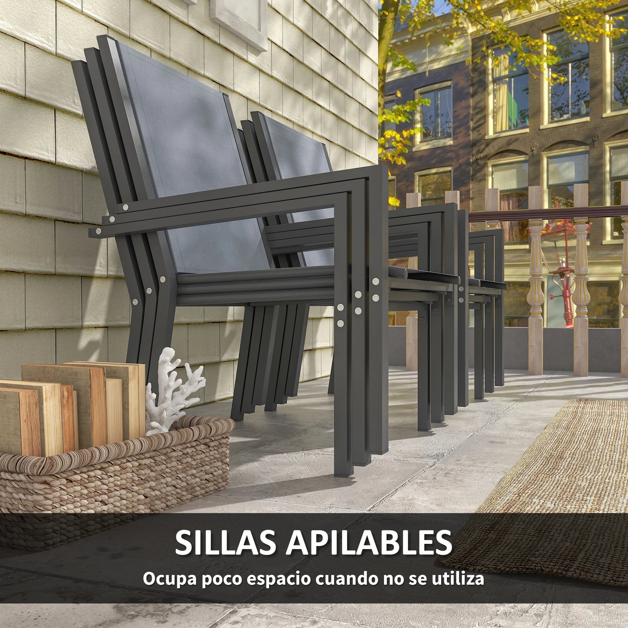 Ensemble table et chaises de jardin Outsunny – Chaises empilables, cadre acier, gris clair, terrasse et patio