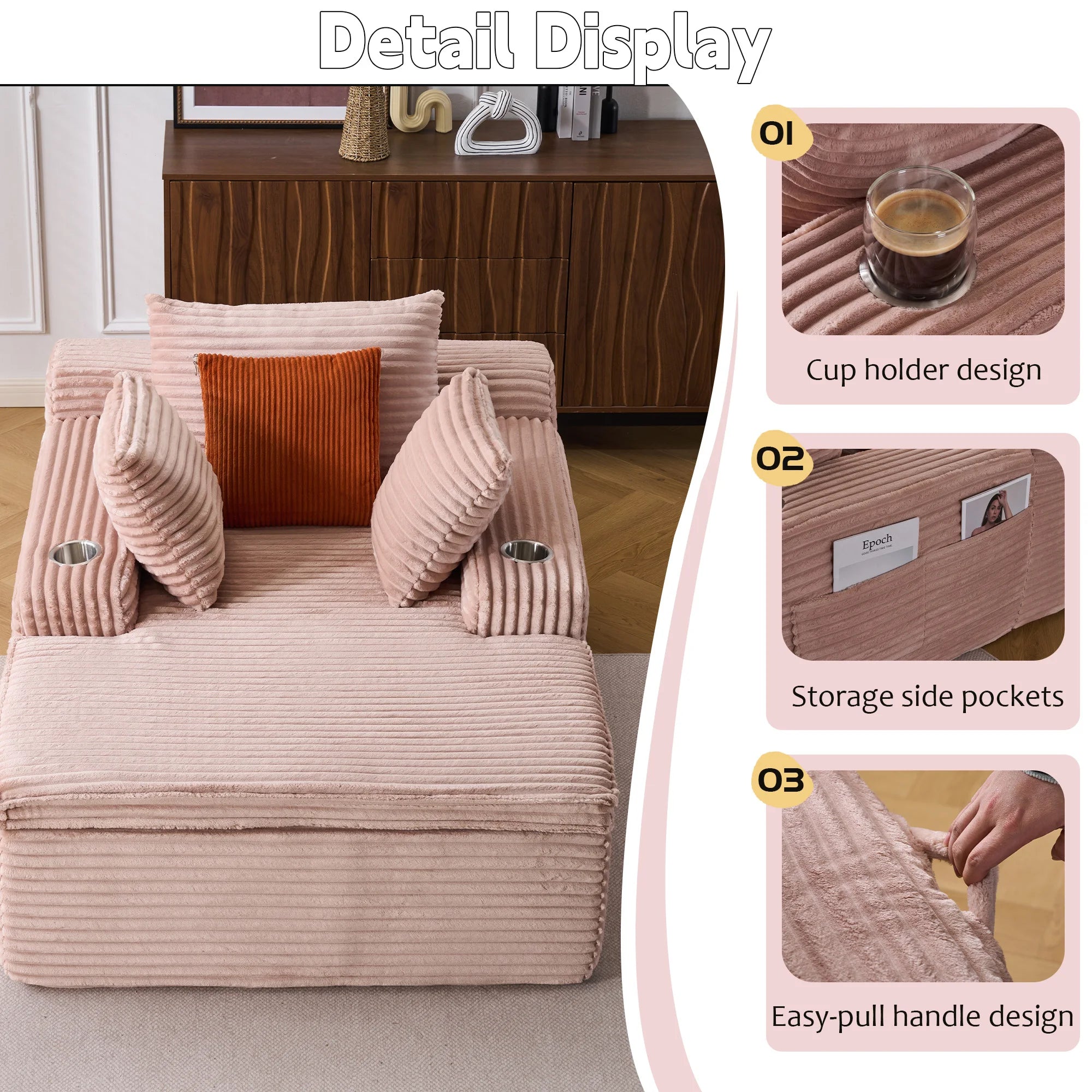 Canapé-lit velours côtelé surdimensionné – Sans montage, assise profonde ergonomique, oreiller-couverture 2-en-1 et porte-gobelets