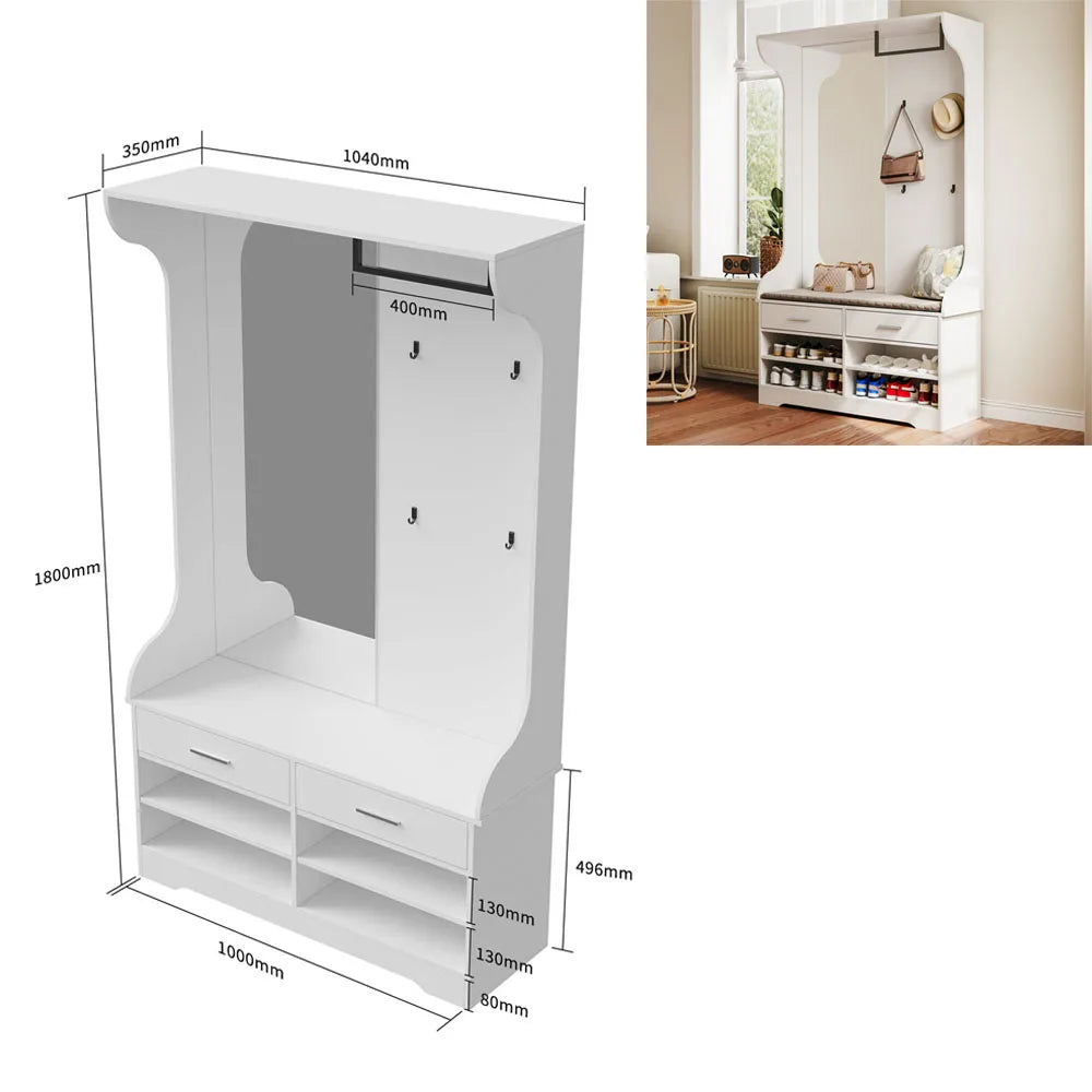Meuble d'entrée Comanlai 5-en-1 – Porte-manteau, banc à chaussures, armoire, miroir et penderie, chambre et couloir