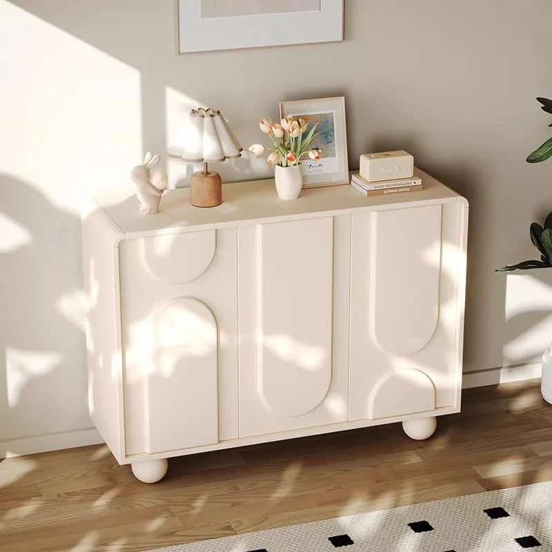 Meuble de rangement derrière canapé style français luxe – Blanc avec portes, console salon tendance