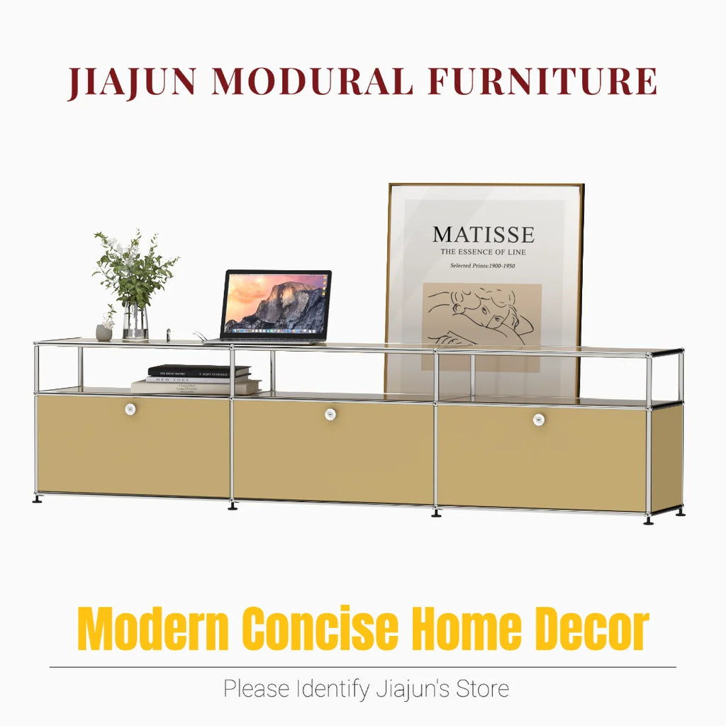 Meuble TV bas modulaire 3 niveaux – Buffet avec portes rabattables, cadre acier, style minimaliste