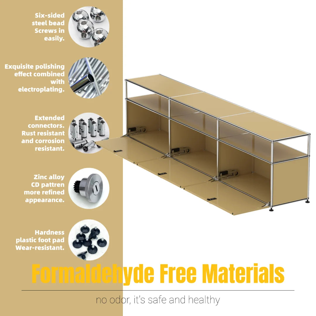 Meuble TV bas modulaire 3 niveaux – Buffet avec portes rabattables, cadre acier, style minimaliste