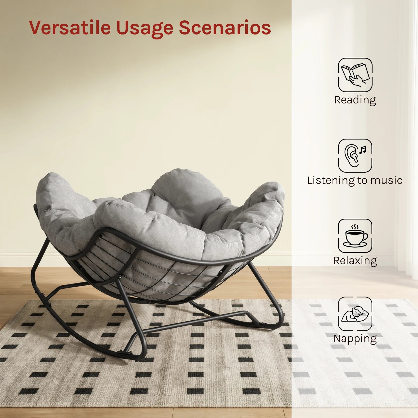 Rocking chair WOLTU forme œuf – Fauteuil à bascule avec coussin chenille, cadre métal, 150 kg, salon et balcon