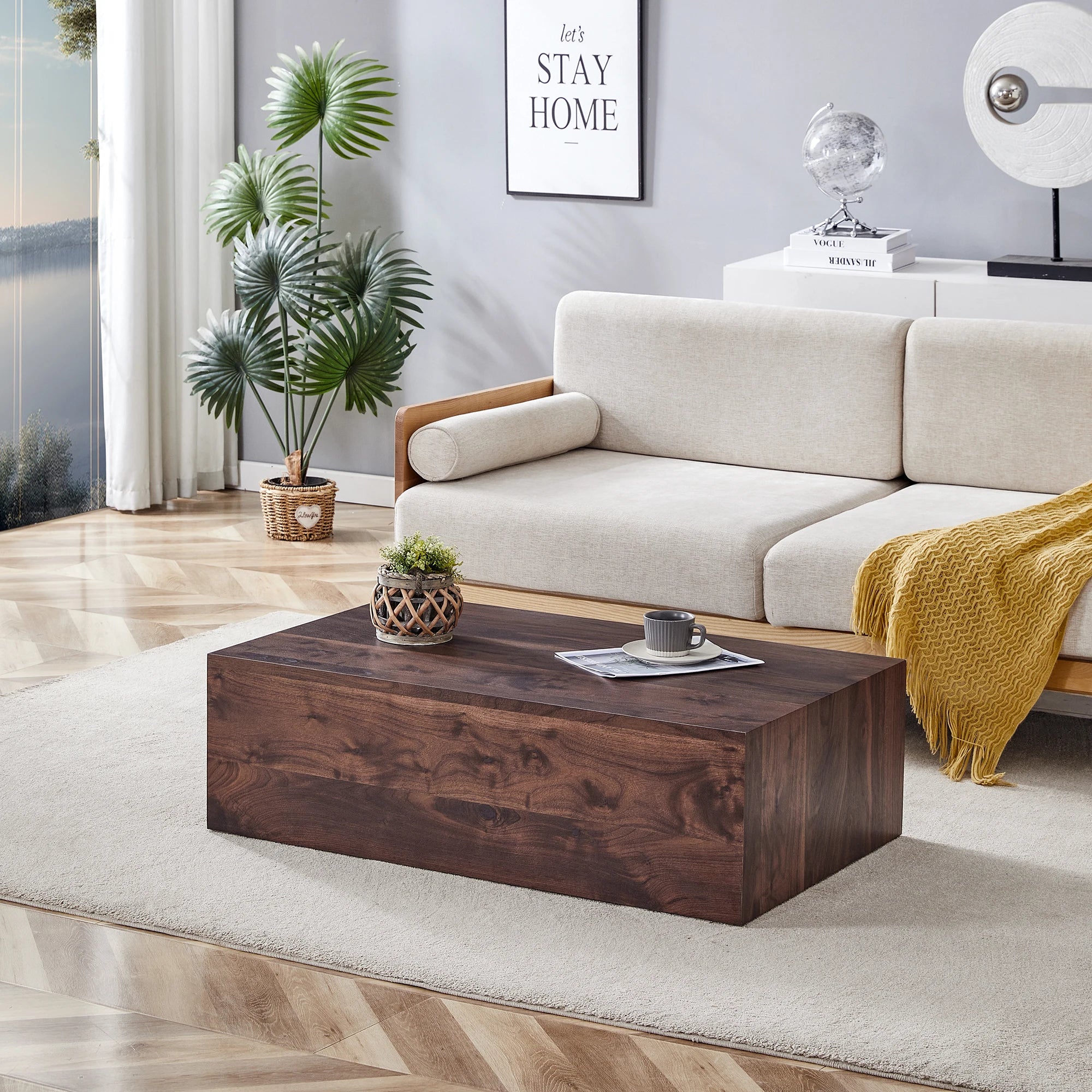 Table basse rectangulaire avec structure monobloc & pieds antidérapants – MDF noyer, entretien facile, salon