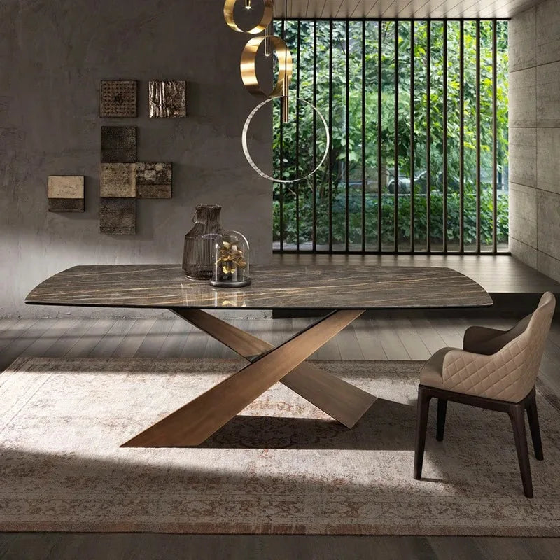 Table à manger sur mesure en ardoise naturelle – Pied métal croisé design, durable, appartement et maison luxe