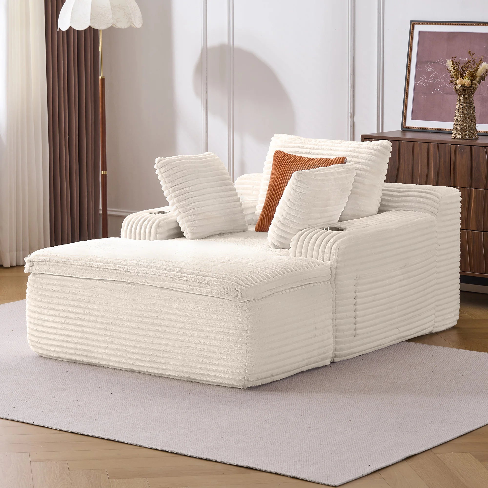 Canapé-lit velours côtelé surdimensionné – Sans montage, assise profonde ergonomique, oreiller-couverture 2-en-1 et porte-gobelets