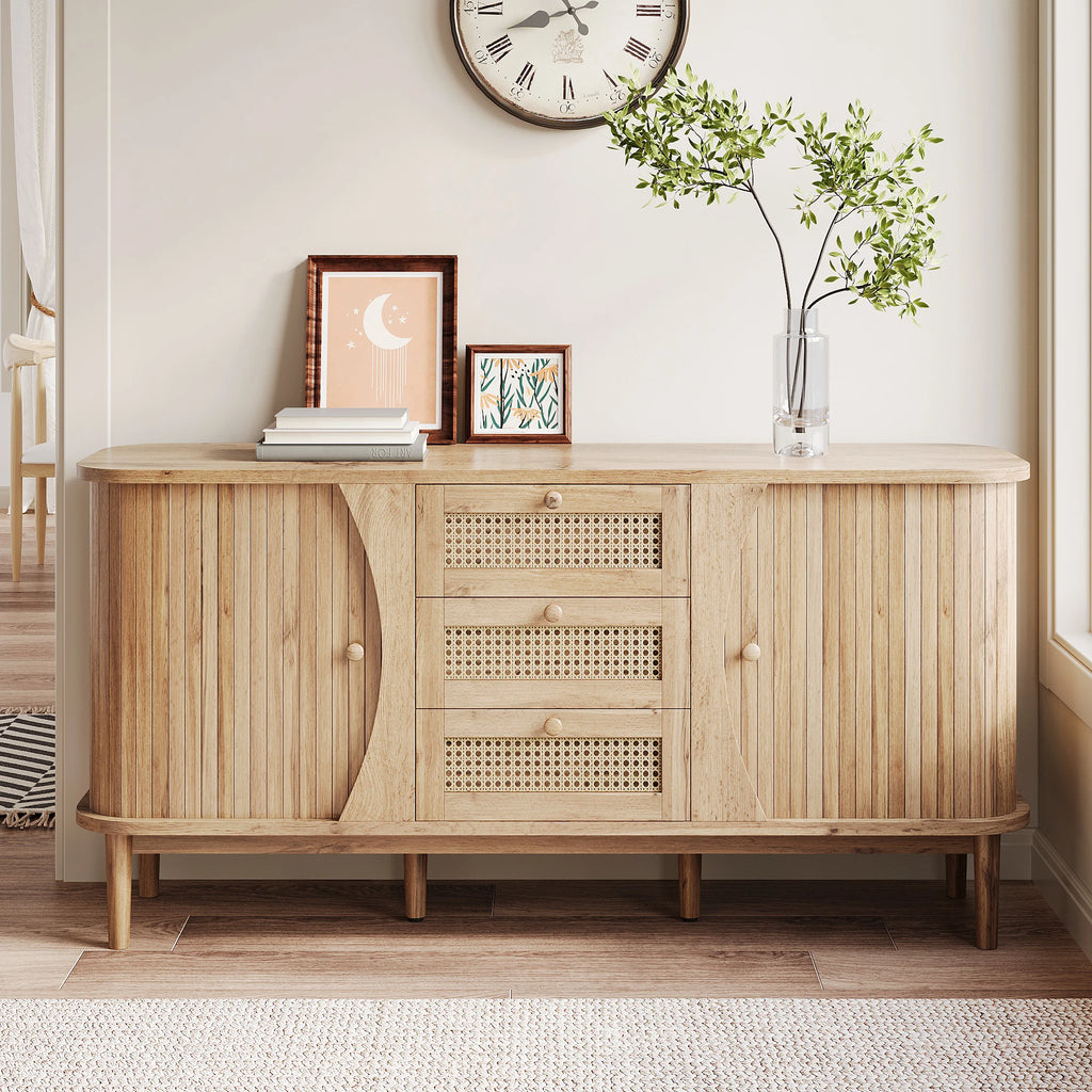 Buffet en rotin avec portes coulissantes – Étagères réglables, plateau arrondi, style naturel