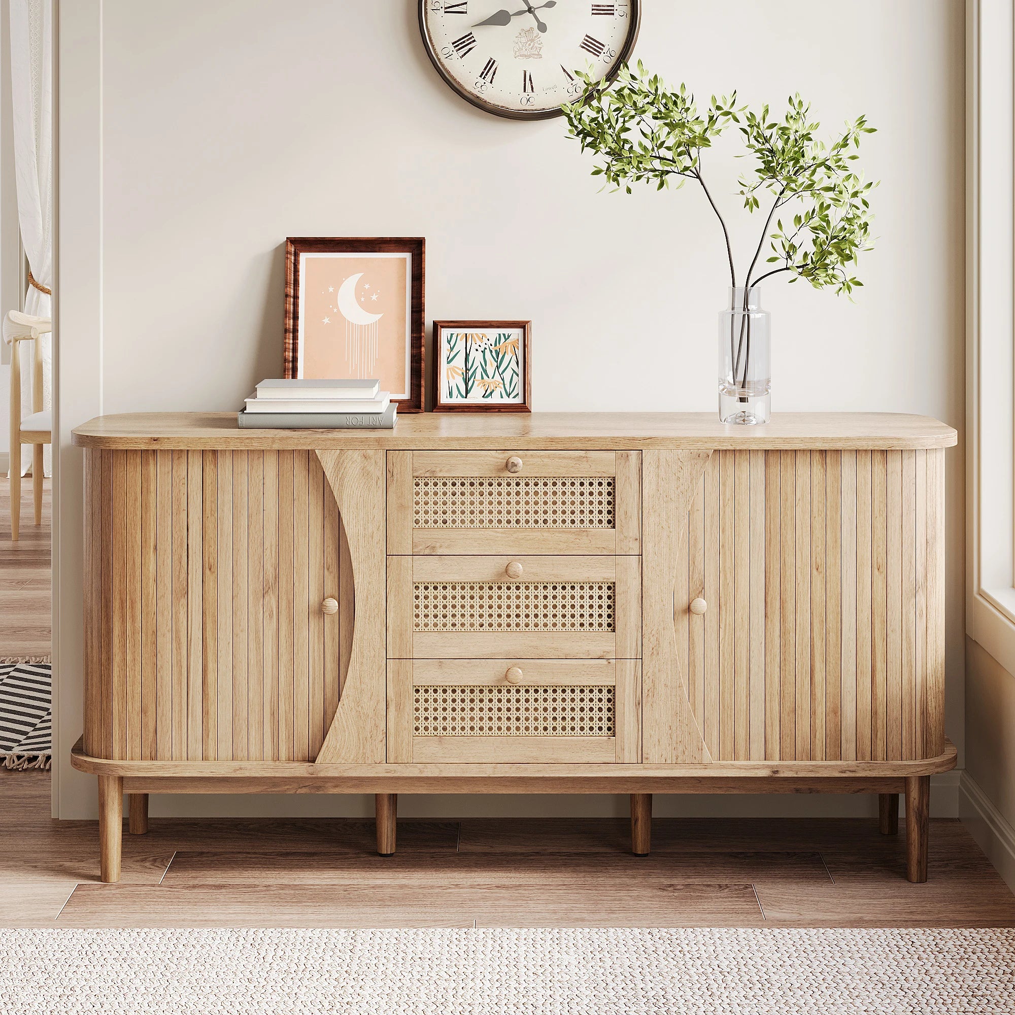 Buffet en rotin avec portes coulissantes – Étagères réglables, plateau arrondi, style naturel