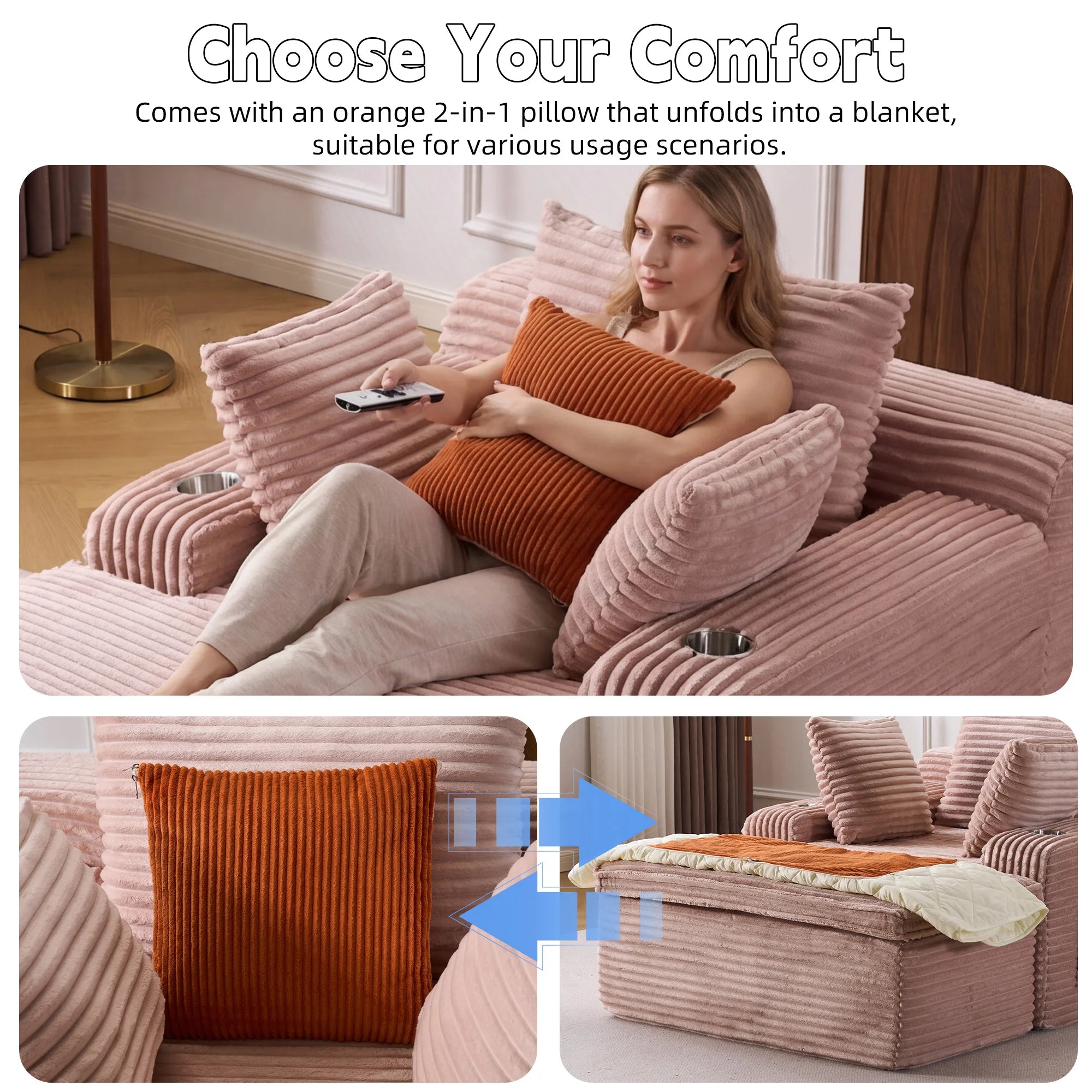 Canapé-lit velours côtelé surdimensionné – Sans montage, assise profonde ergonomique, oreiller-couverture 2-en-1 et porte-gobelets