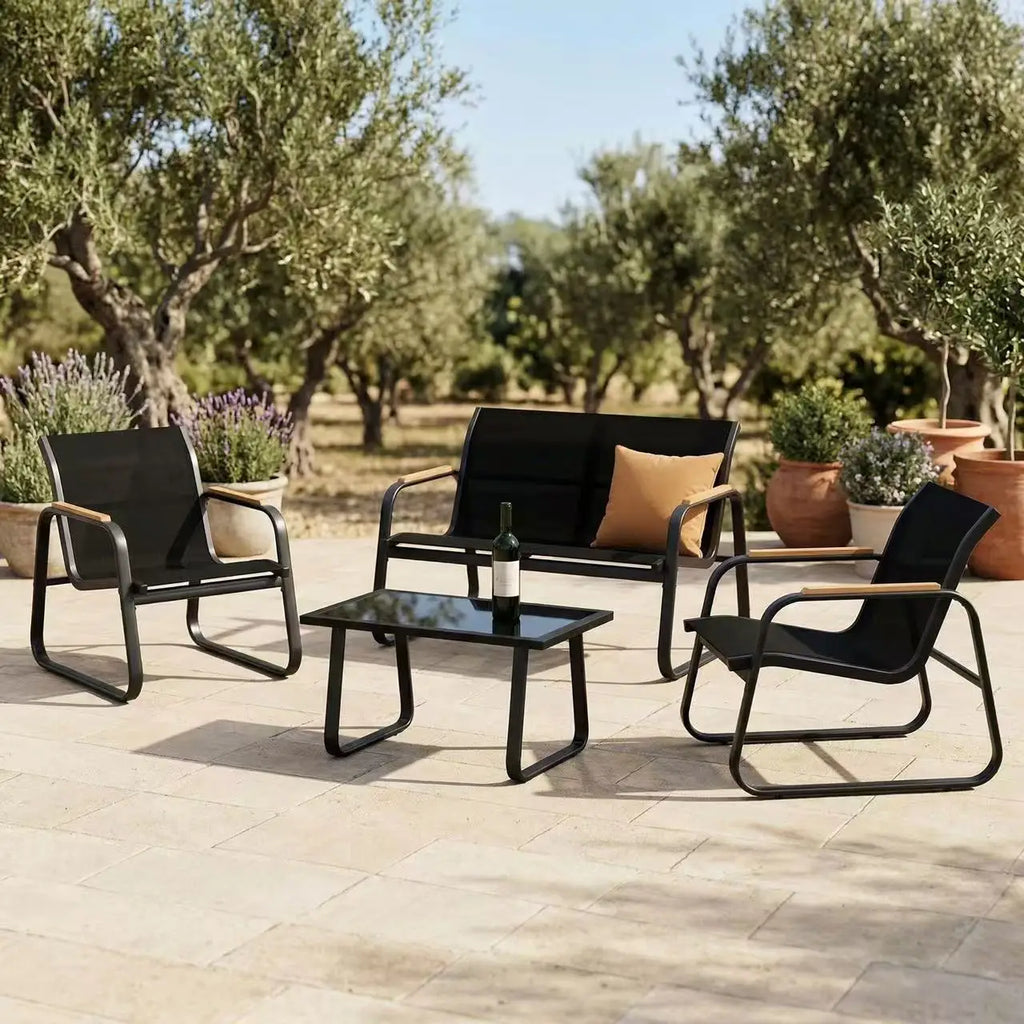 Salon de balcon en textilène 4 pièces – Canapé double, 2 fauteuils et table basse, jardin et terrasse