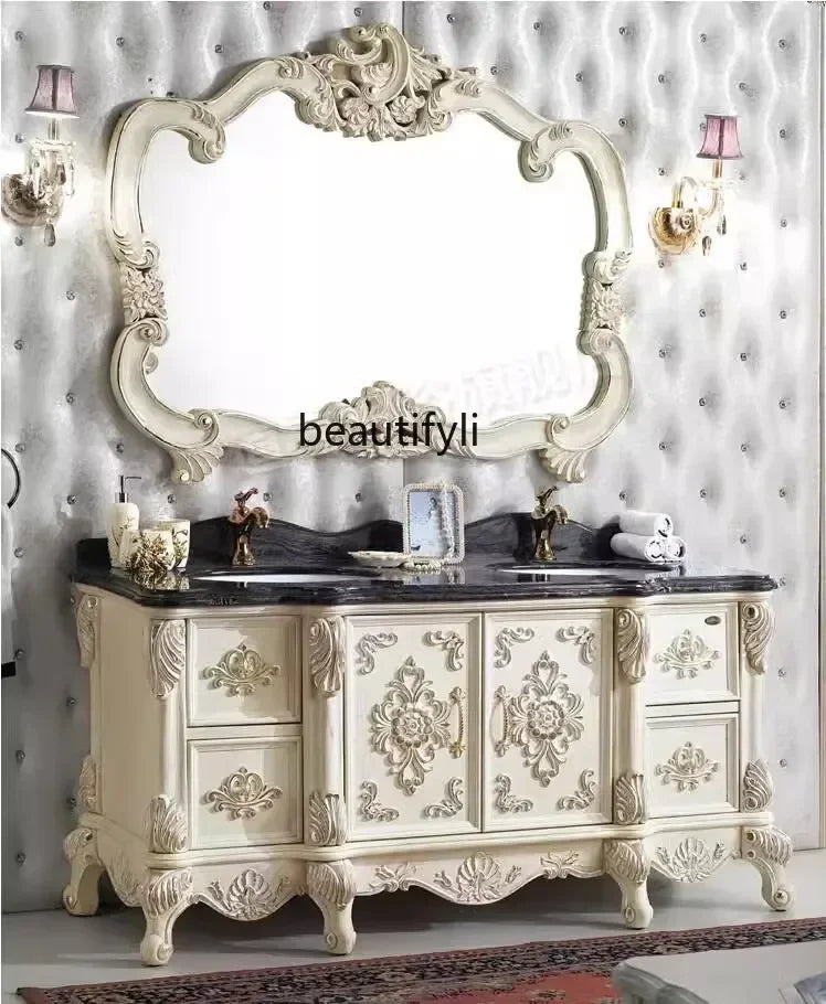 Meuble salle de bain style européen antique – Vasque marbre, bois massif, miroir colonne au sol