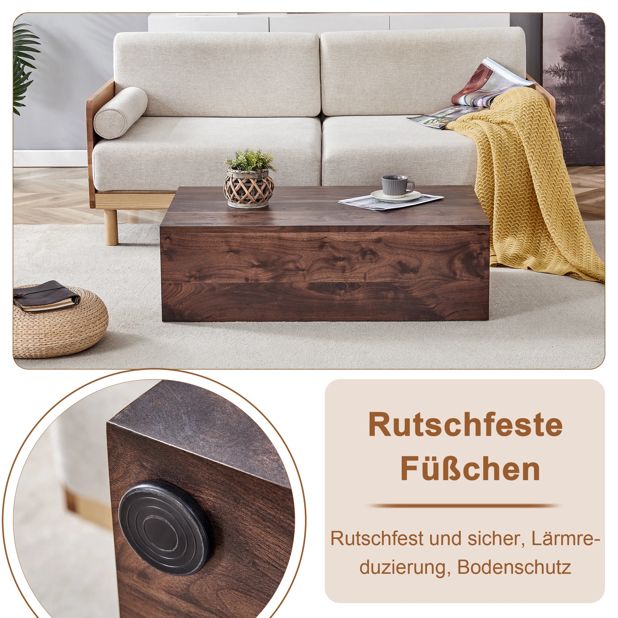 Table basse rectangulaire avec structure monobloc & pieds antidérapants – MDF noyer, entretien facile, salon