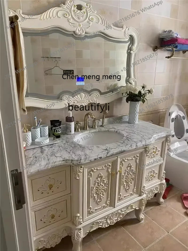 Meuble salle de bain style européen antique – Vasque marbre, bois massif, miroir colonne au sol