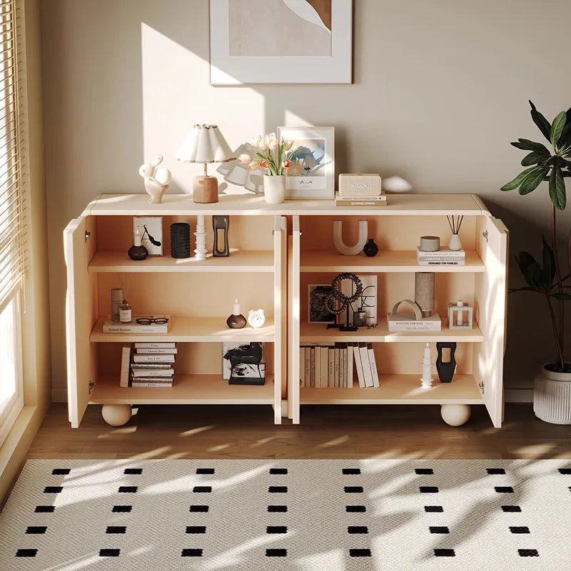 Meuble de rangement derrière canapé style français luxe – Blanc avec portes, console salon tendance