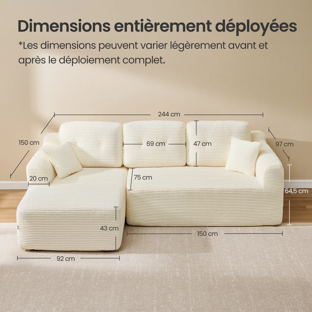 Canapé d'angle modulaire VASAGLE 244 cm – Livré compressé, sans montage, méridienne gauche