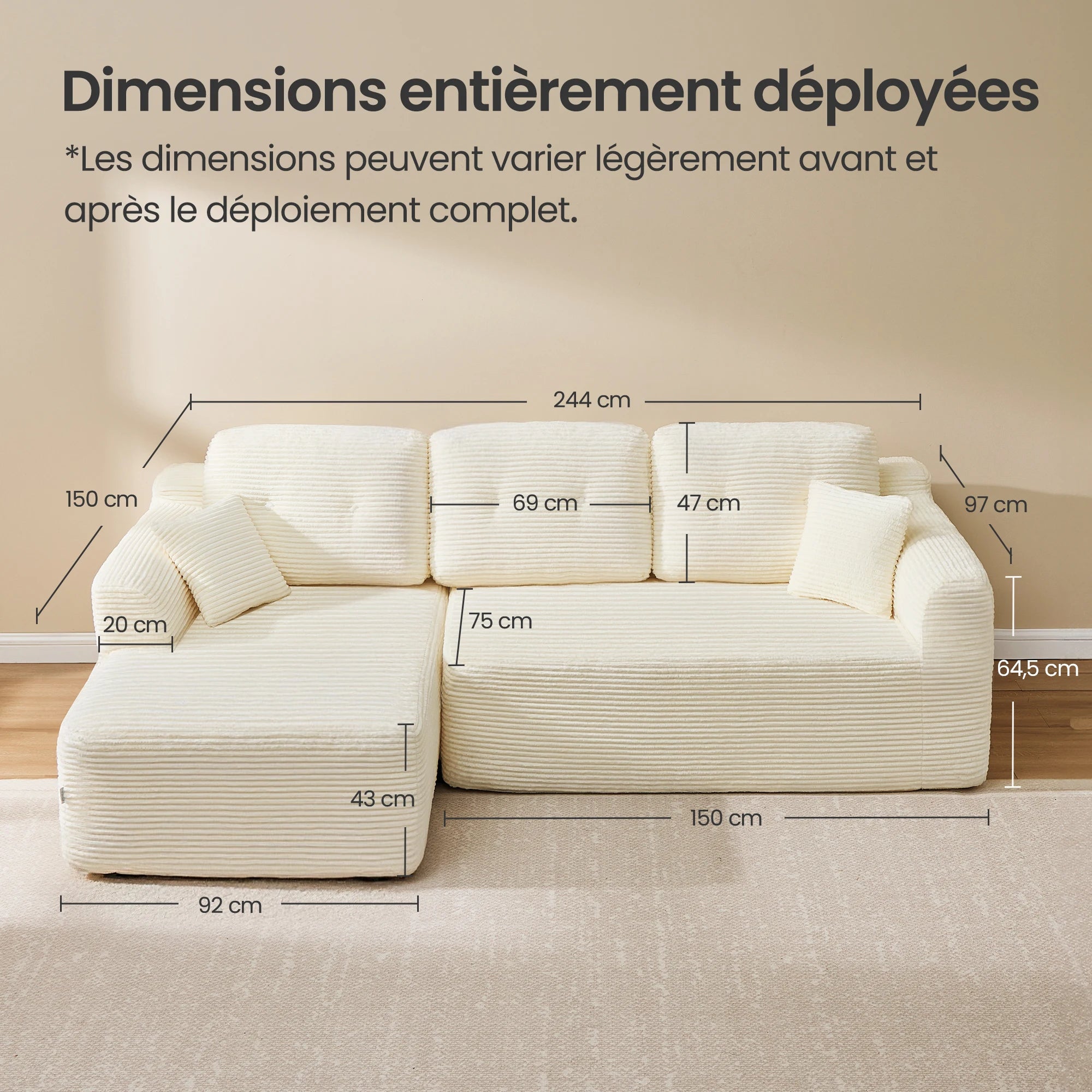 Canapé d'angle modulaire VASAGLE 244 cm – Livré compressé, sans montage, méridienne gauche