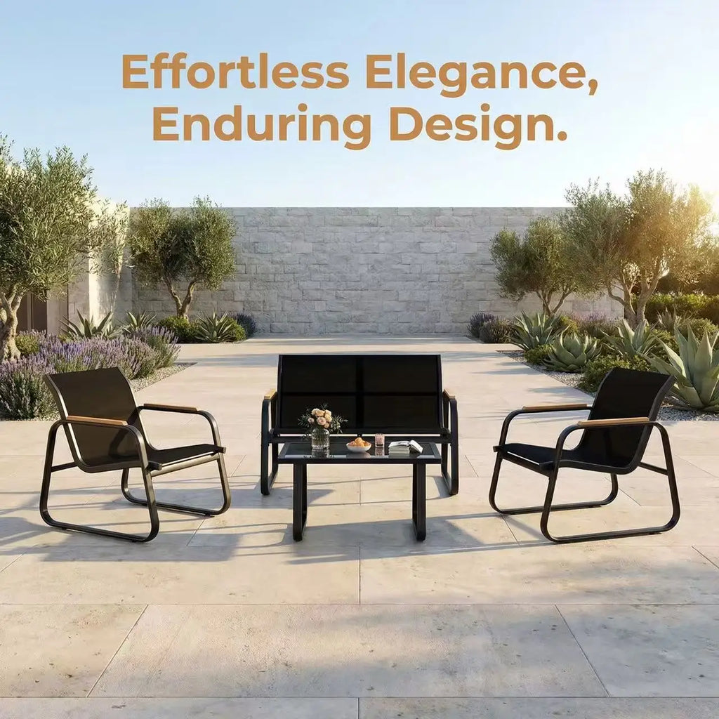 Salon de balcon en textilène 4 pièces – Canapé double, 2 fauteuils et table basse, jardin et terrasse