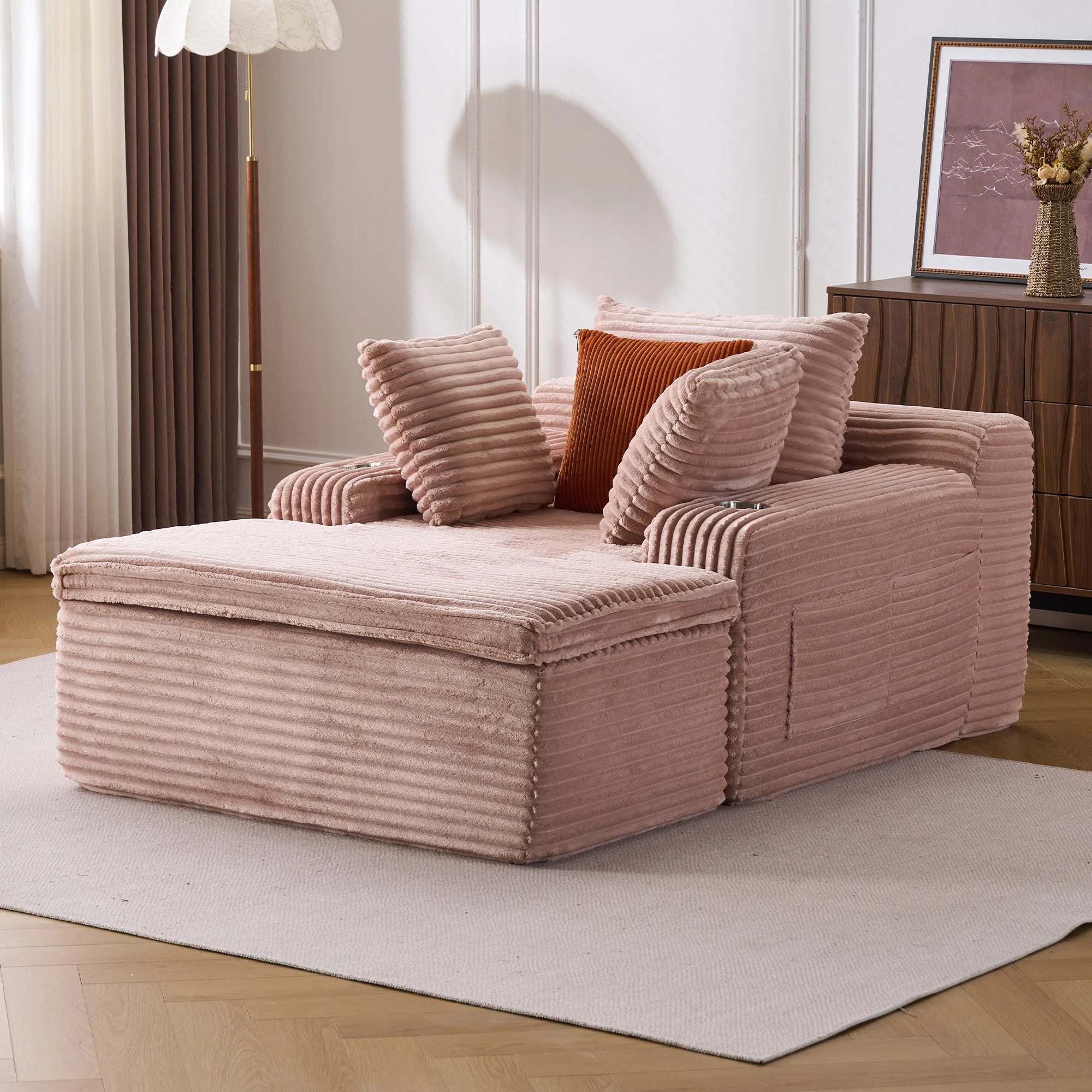 Canapé-lit velours côtelé surdimensionné – Sans montage, assise profonde ergonomique, oreiller-couverture 2-en-1 et porte-gobelets