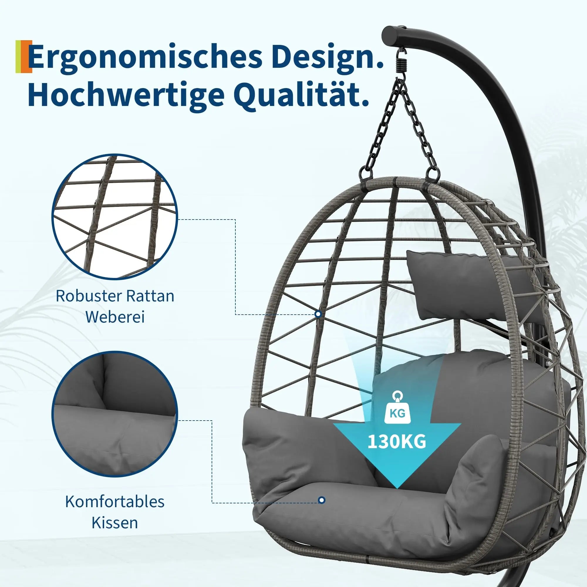 Fauteuil suspendu œuf avec pied, coussin et appui-tête – Hamac lounge intérieur et extérieur avec housse anti-pluie