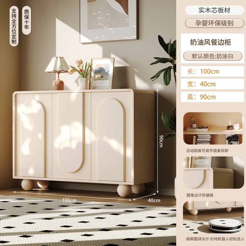 Meuble de rangement derrière canapé style français luxe – Blanc avec portes, console salon tendance