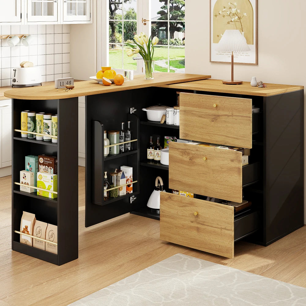 Table bar extensible rotative 138-204 cm – Plateau pivotant 360°, rangement intégré, style bois moderne