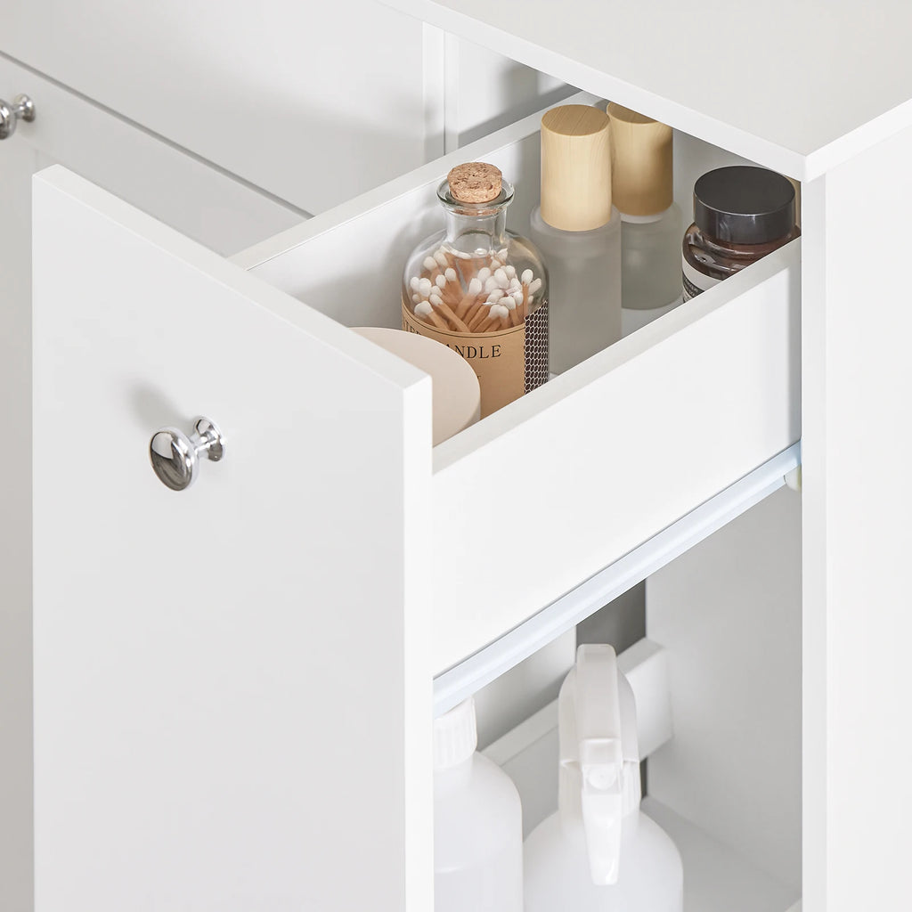 Armoire de salle de bain haute SoBuy – Meuble colonne avec miroir, étagères et tiroir, blanc