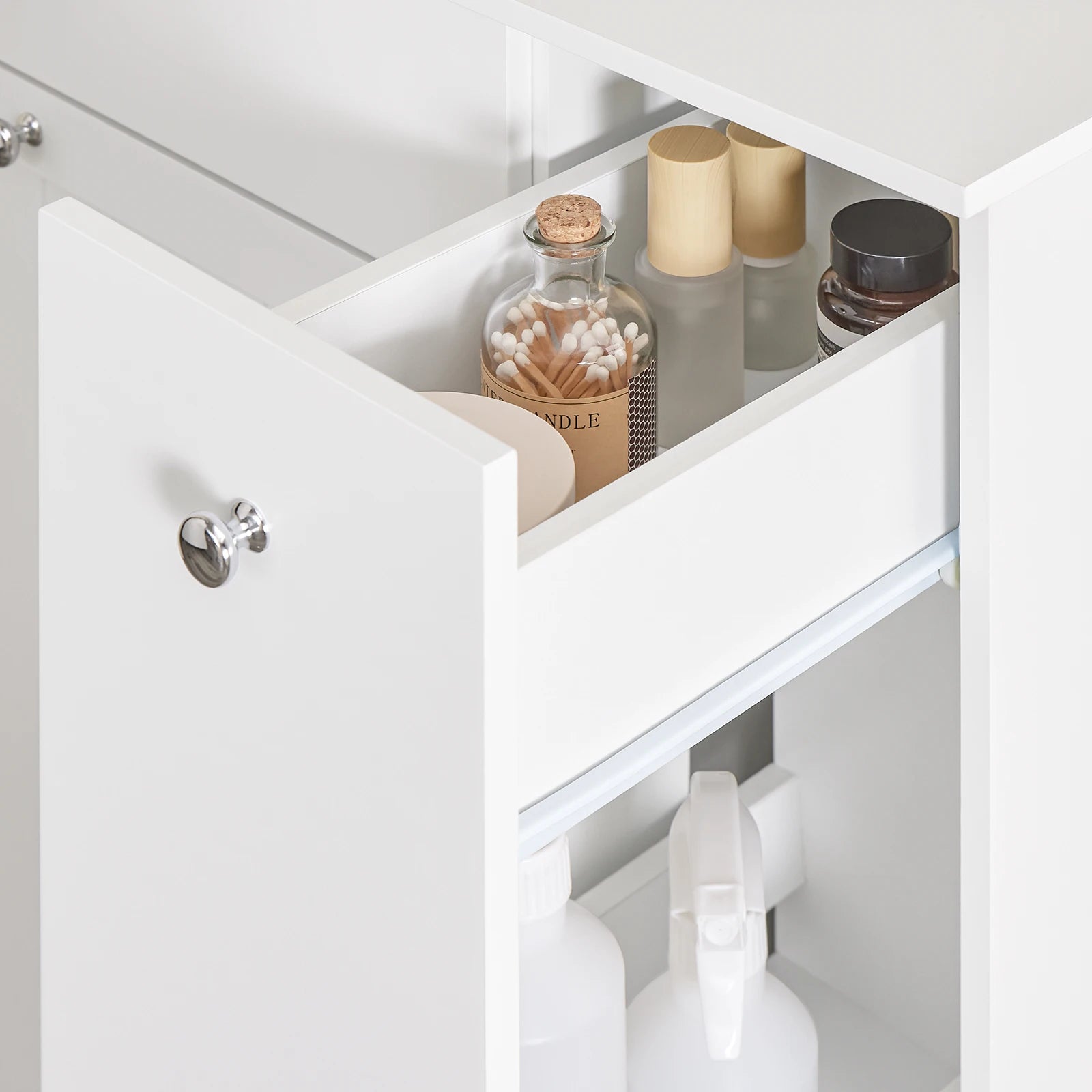 Armoire de salle de bain haute SoBuy – Meuble colonne avec miroir, étagères et tiroir, blanc