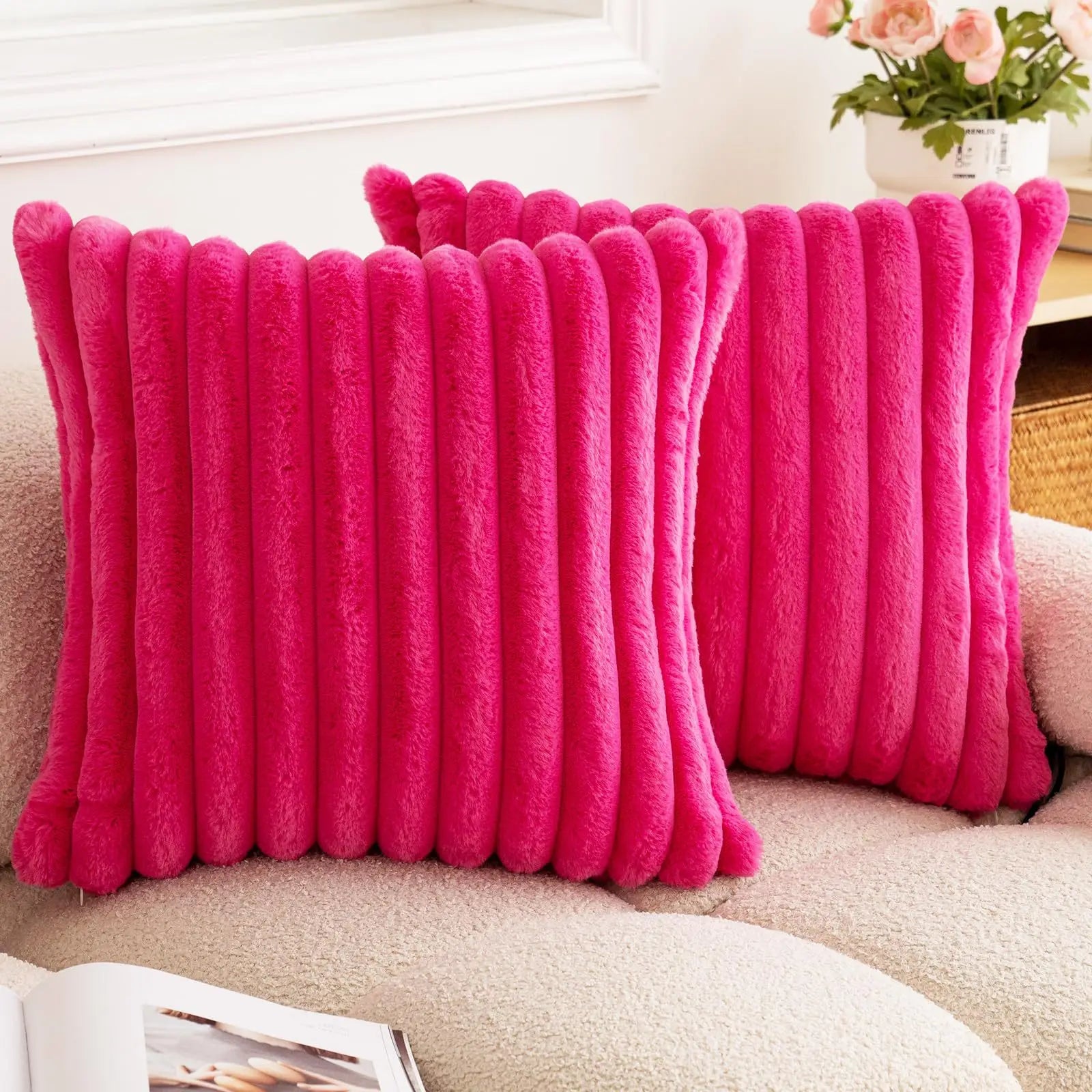 Housse de coussin carrée imitation fourrure de lapin – Rayures épaisses, ultra-douce, décoration canapé 2026