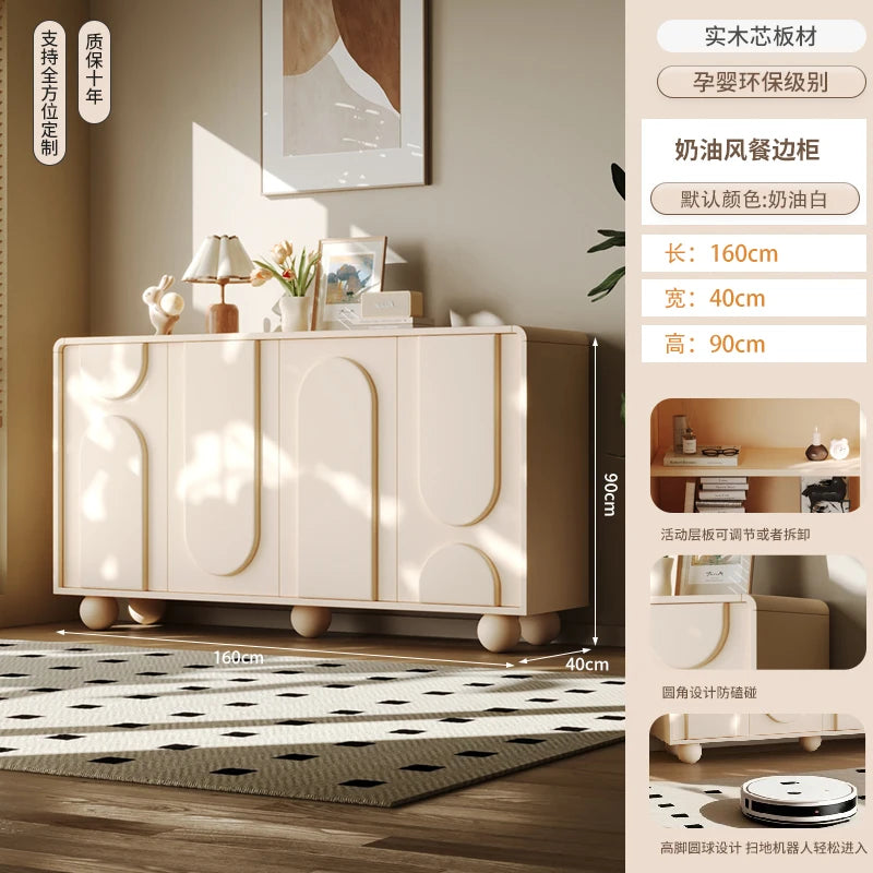 Meuble de rangement derrière canapé style français luxe – Blanc avec portes, console salon tendance