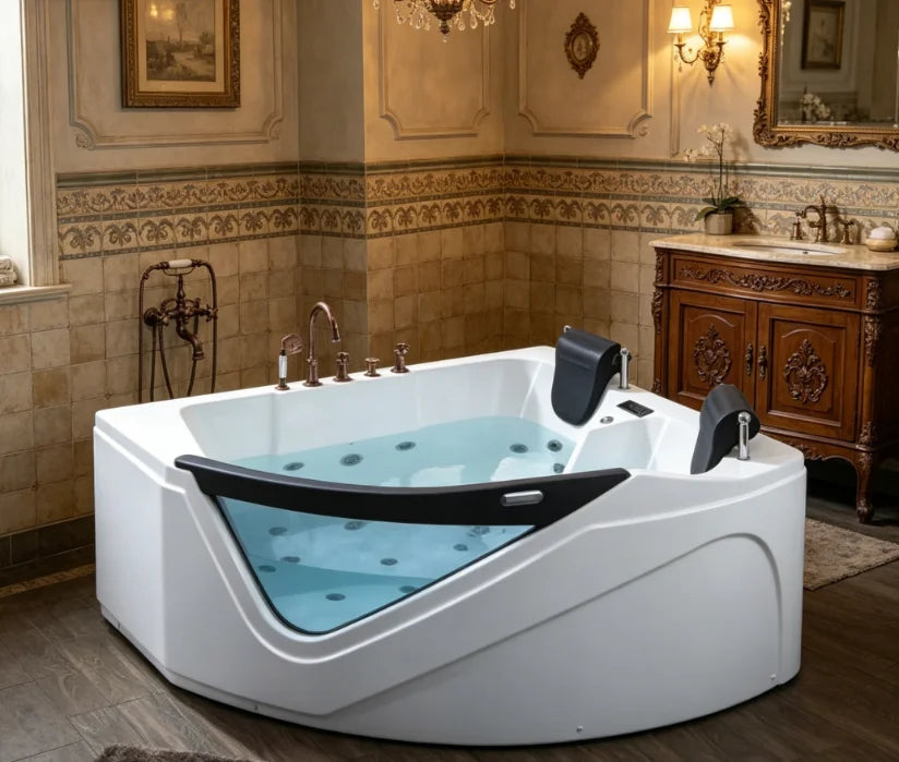 Baignoire balnéo triangulaire 2 places sur mesure – 22 jets de massage, lumière colorée, styles personnalisables