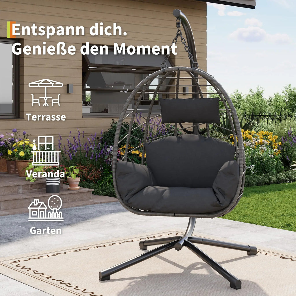 Fauteuil suspendu œuf avec pied, coussin et appui-tête – Hamac lounge intérieur et extérieur avec housse anti-pluie
