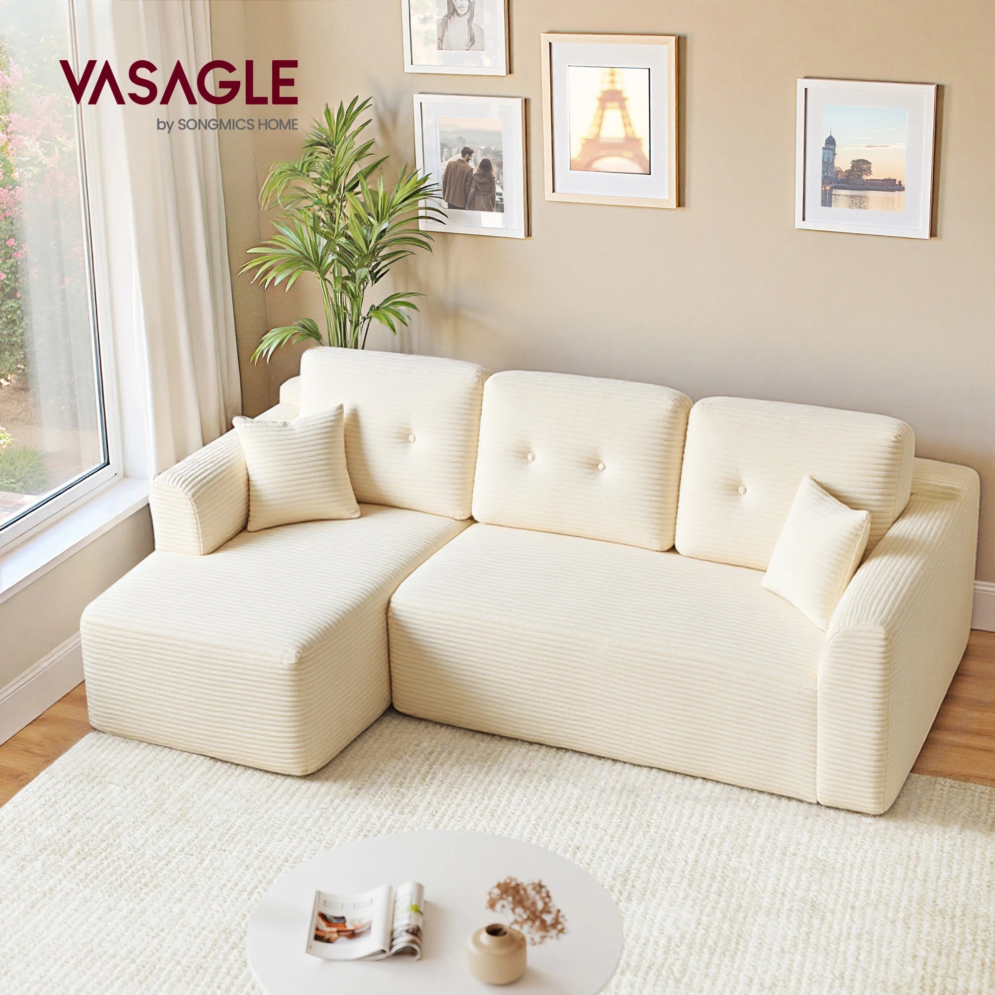 Canapé d'angle modulaire VASAGLE 244 cm – Livré compressé, sans montage, méridienne gauche
