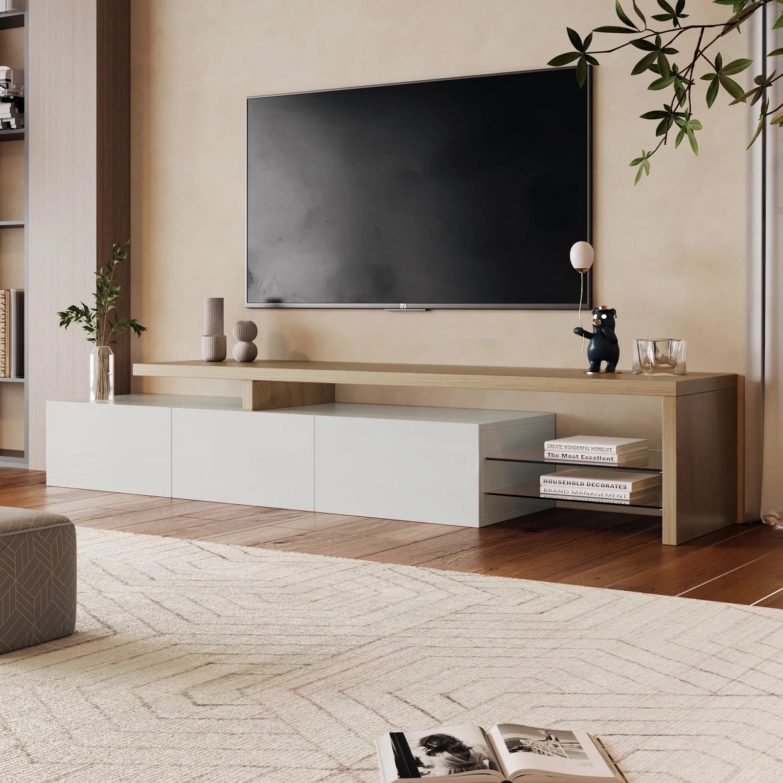Meuble TV Rosahqnda avec éclairage LED – 2 vitrines, 3 tiroirs, blanc laqué haut brillant