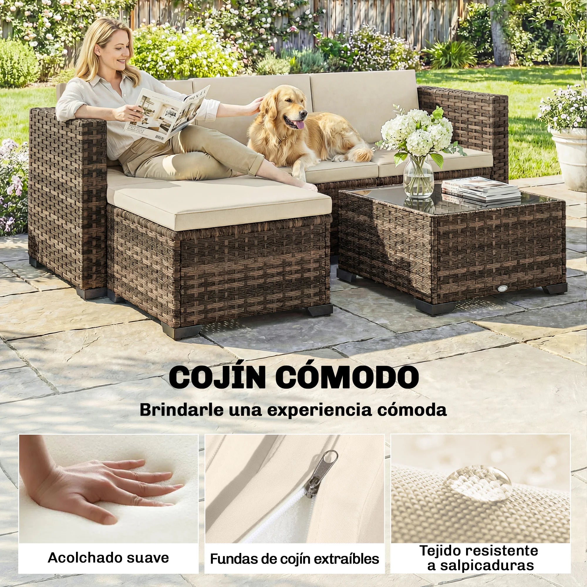 Salon de jardin Outsunny en rotin 5 pièces avec coussins – Mobilier extérieur terrasse et jardin